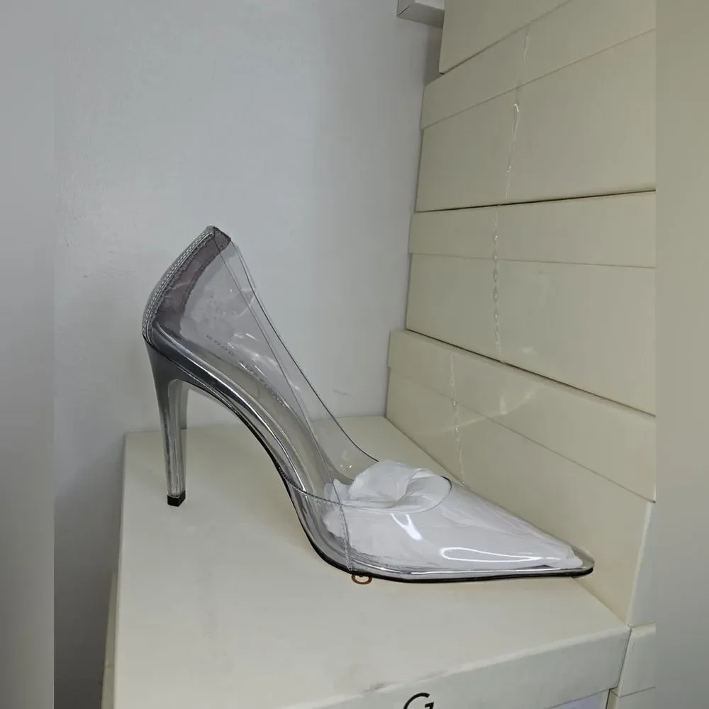 Good American Clear PVC Pointed Toe Stiletto Heels with Silver Trim